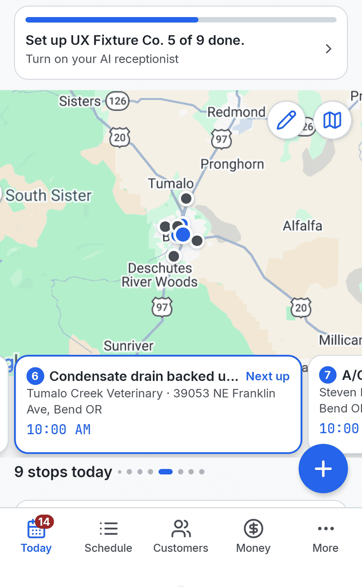 The TradesKit Android app, Today screen: the setup card, a map of the day’s stops around Bend, the next visit up, and the Today, Schedule, Customers, Money, More tabs