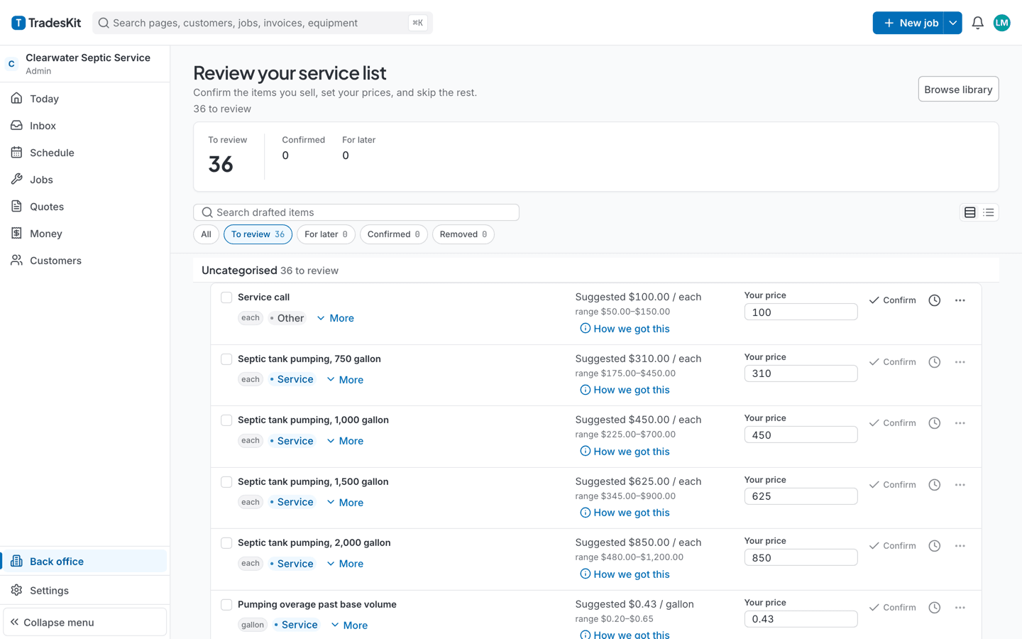 The price book review queue: each drafted item with a suggested price, range, your price, and a Confirm action
